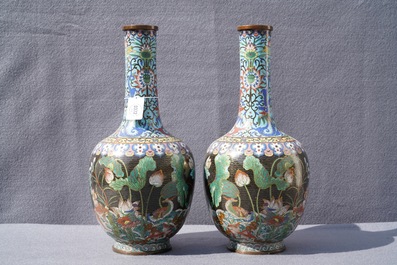 A pair of Chinese cloisonn&eacute; bottle vases, 19th C.